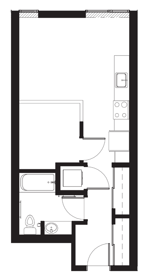 a floor plan of a small room with a bedroom and a bathroom